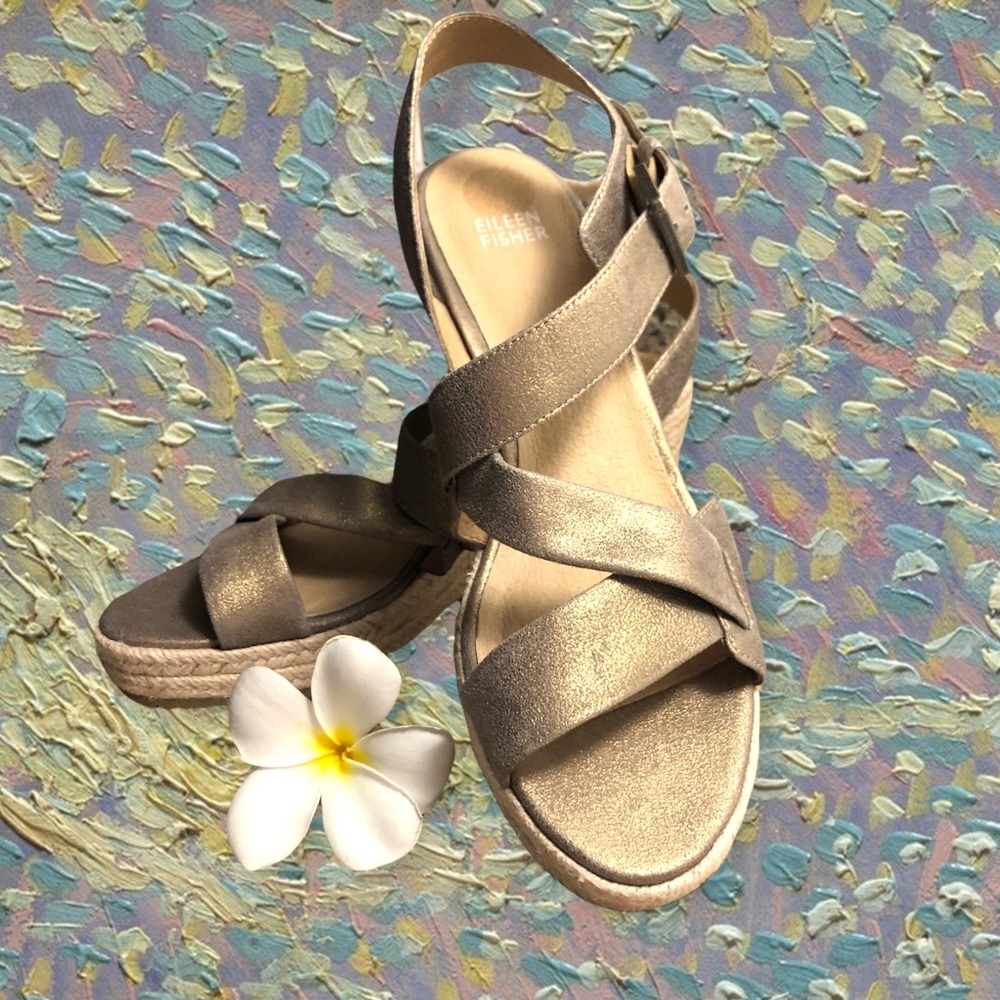 NWOT π‘ EILEEN FISHER Beckon Suede Jute Espadrille Wedge Sandals Bronze Metallic - Picture 8 of 15